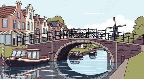 Boats float under a bridge near traditional buildings and a windmill