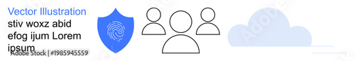 Online security, data privacy, identity verification, user protection, cloud storage, cybersecurity. A shield with a fingerprint, user icons and a cloud. Online security and data privacy concepts