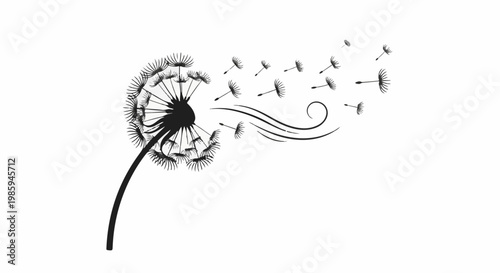 Black dandelion seed dispersal with wind lines, on white background