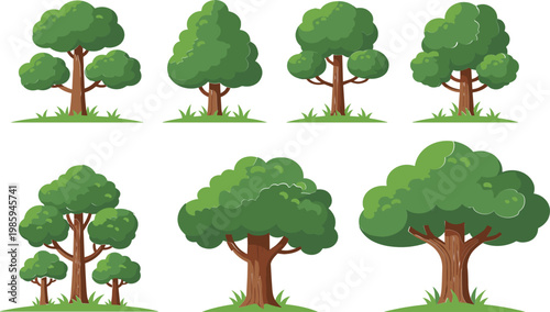 Tree Icon Set Featuring Various Green Trees with Lush Foliage for Nature, Landscape, and Environmental Designs