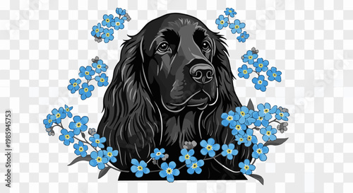 Black dog with flowing hair surrounded by blue forget-me-nots