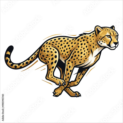 Dynamic illustration of a cheetah running at full speed, capturing its incredible agility and power with vibrant colors and bold lines, perfect for sports and wildlife themes