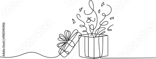 Continuous one line drawing gift box on holiday. Opened decorative box with confetti. Present package with bursting elements. one line Icon drawing
