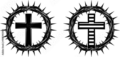 Christian Cross with Crown of Thorns Icon Set for Religious and Spiritual Designs