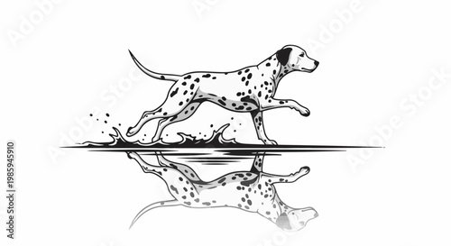 Black and white drawing of a Dalmatian dog running through water and its reflection
