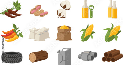 Agricultural and Industrial Product Icon Set Featuring Spices, Grains, Oil Bottles, and Machinery for Farming and Manufacturing Designs
