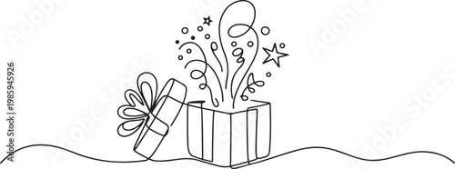 Continuous one line drawing gift box on holiday. Opened decorative box with confetti. Present package with bursting elements. one line Icon drawing