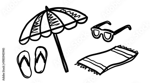 Black and White Line Art Illustration of Beach Umbrella, Flip-flops, Sunglasses and Towel