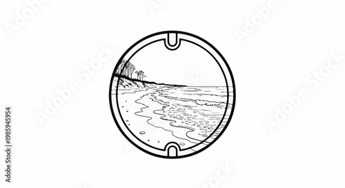 Black and white drawing of a scenic shoreline framed by a circular border