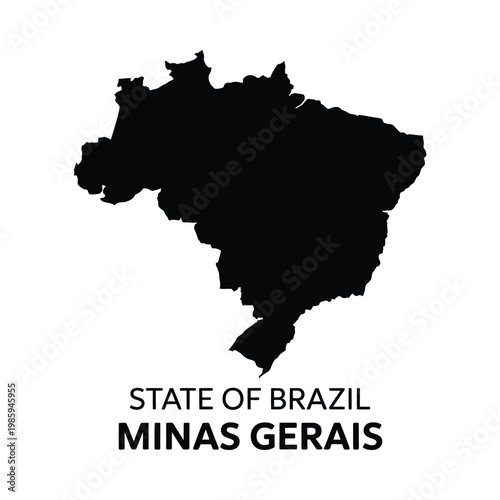A stark black silhouette depicts the state of minas gerais brazil with accompanying text labeling