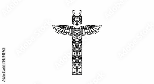 Black and white drawing of a stylized totem pole with layered figures