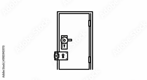 Black outline drawing of a closed, locked door with a handle and lock