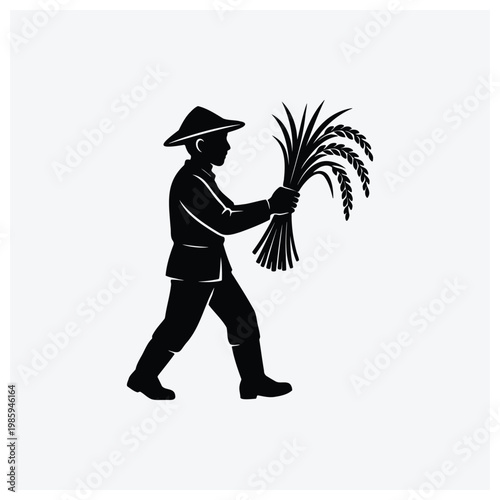 Minimal silhouette illustration of a farmer walking while carrying a large sheaf of wheat or grain.