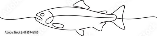 Fresh salmon fish in continuous line art drawing isolated on white background. Fresh food concept, Monoline Fishing Symbol. one line Icon drawing
