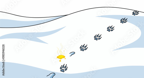 Animal tracks in snow leading to a warm puddle, suggesting recent passage