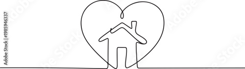 Home Sweet Home Continuous Line Icon, Minimalistic One Line Drawing of House within Heart Shape Symbolizing Home Love. one line Icon drawing