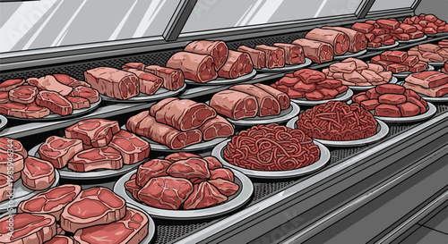 Assortment of raw meats, including steaks, roasts, and ground, displayed in refrigerated butcher case