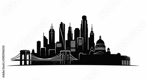 Black silhouette of a city skyline with a suspension bridge and dome