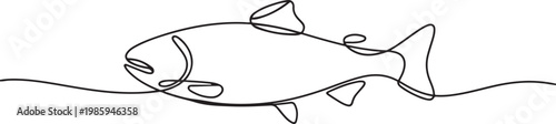 Fresh salmon fish in continuous line art drawing isolated on white background. Fresh food concept, Monoline Fishing Symbol. one line Icon drawing