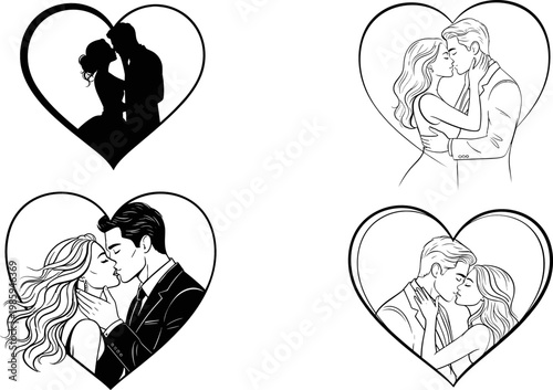 Romantic Couple in Heart Icon Set Featuring Kissing and Embracing Couples for Love and Wedding-themed Designs