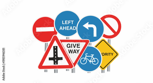 Assortment of road signs including give way, left turn, and no entry