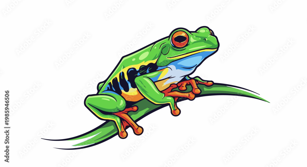 Fototapeta premium Brightly colored frog with large orange eyes sits on a green leaf