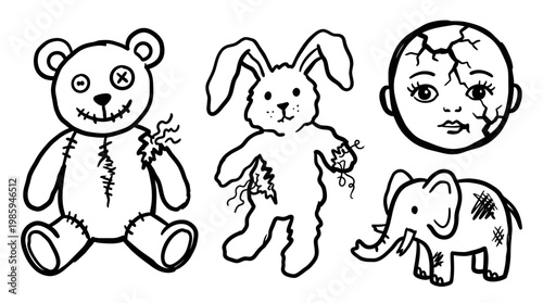 Spooky and creepy vintage stuffed toys: teddy bear, bunny, doll face, elephant - black and white line art