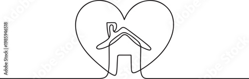 Home Sweet Home Continuous Line Icon, Minimalistic One Line Drawing of House within Heart Shape Symbolizing Home Love. one line Icon drawing