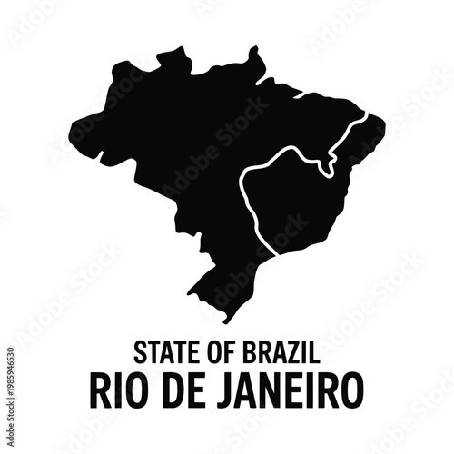 A stark black silhouette depicts the state of rio de janeiro brazil with accompanying text