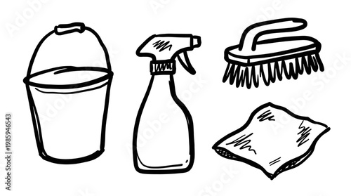Black and White Line Art of Cleaning Supplies: Bucket, Spray Bottle, Brush, Cloth
