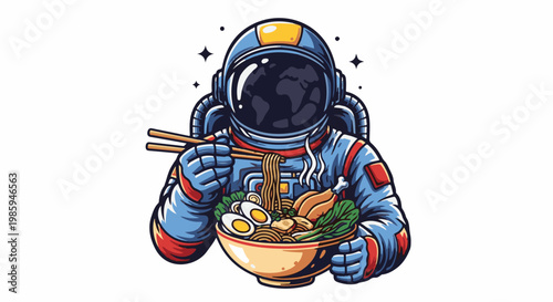 Astronaut in a blue suit eats a steaming bowl of ramen with chopsticks