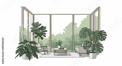 Bright sunroom with lush plants, modern furniture, and large windows