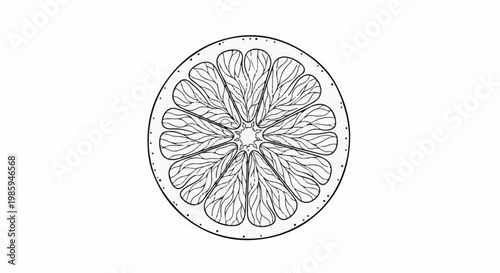 Black and white illustration of a single citrus fruit cross-section with radial segments