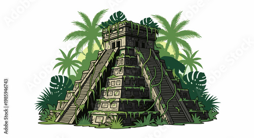 Ancient jungle pyramid overgrown with moss and vines, surrounded by palm trees