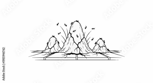Black and white illustration of ants on a cracked mound with grass stalks