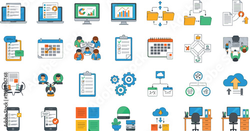 Business Productivity and Office Management Icon Set with Laptop, Calendar, Checklist, Team, Cloud, Gear, and Workflow Elements for Corporate and Digital Designs