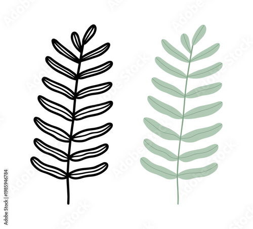 Symmetrical long leaf branch line art, Minimalist Botanical Set