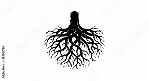 Black stylized tree roots forming a spherical shape