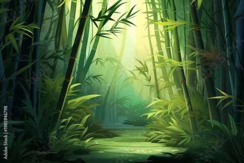 Bamboo forest scene showing a path illuminated by natural light filtering through the trees