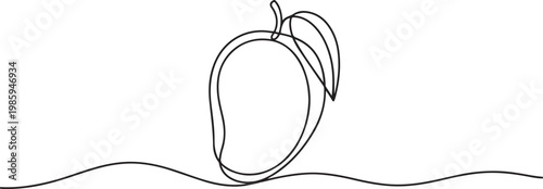 Continuous one single minimal line drawing mango, Continuous one line drawing of mango fruit with leaf. Mango fruit hand drawn single line art vector illustration. one line Icon drawing
