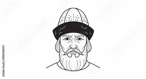 Black and white line art portrait of a man with a beard and hat