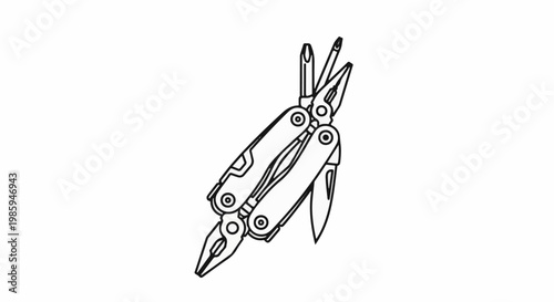 Black and white line drawing of a closed multi-tool with open pliers, knife, and screwdrivers