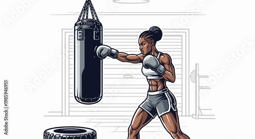 Athletic woman with braided hair training with punching bag in gym