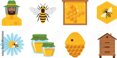Beekeeping Icon Set Featuring Bees, Honeycomb, Honey Jars, and Beekeeper for Agricultural and Nature-themed Designs