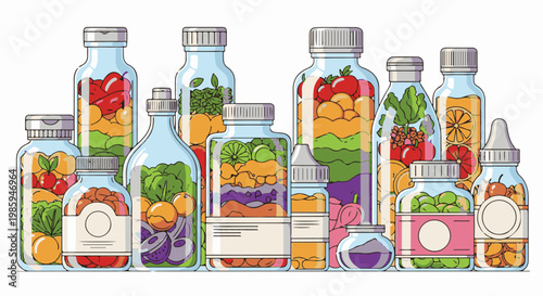Assortment of glass jars filled with colorful fruits and vegetables