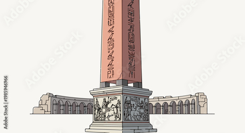 Ancient obelisk with hieroglyphs and carved pedestal in front of arched ruins