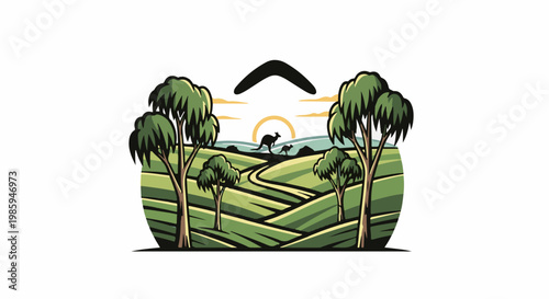 Australian outback landscape with kangaroos, eucalyptus trees and boomerang