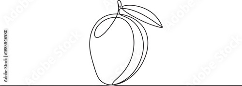 Continuous one single minimal line drawing mango, Continuous one line drawing of mango fruit with leaf. Mango fruit hand drawn single line art vector illustration. one line Icon drawing