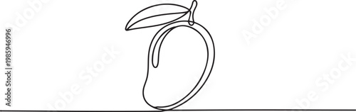 Continuous one single minimal line drawing mango, Continuous one line drawing of mango fruit with leaf. Mango fruit hand drawn single line art vector illustration. one line Icon drawing