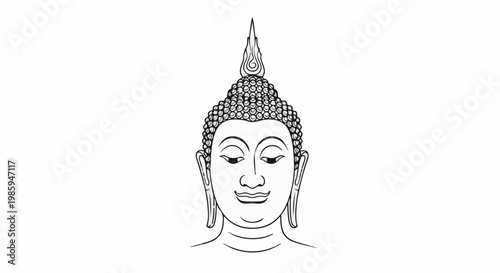 Black and white line drawing of a serene Buddha face with curly hair